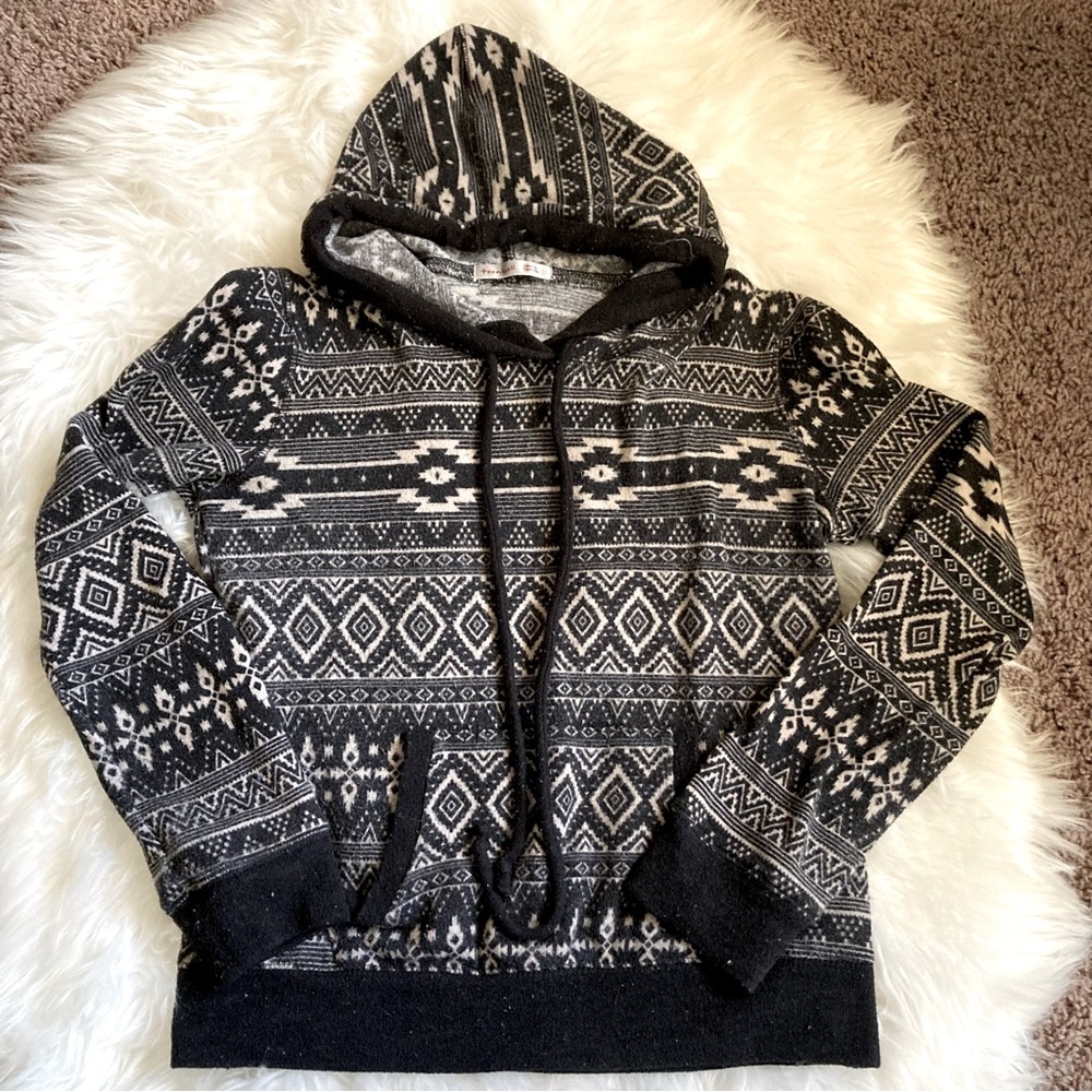 Teenbell Tribal Native Hoodie Sweatshirt Boho Size S Black Cream